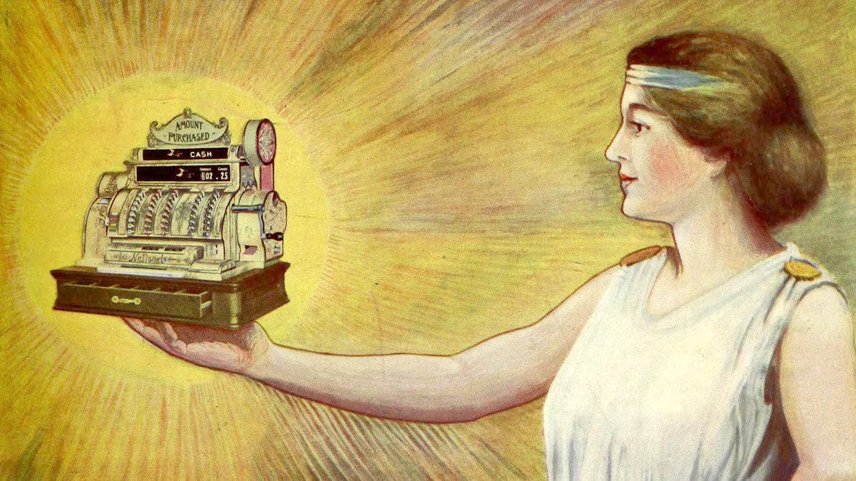 Reklameillustrasjon for et kassaapparat i det canadiske bransjebladet Canadian Grocer (1910). Foto: Wikimedia commons Maskinen